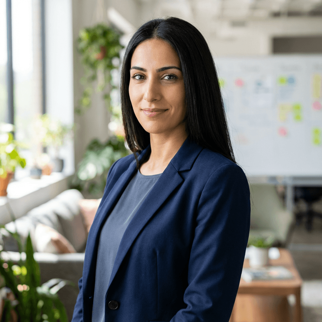 Female in her early 40s, Hispanic, professional and approachable style suitable for a nonprofit testimonial