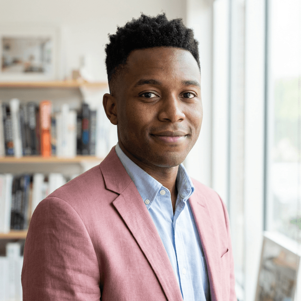 Marcus R. standing in a bright modern office with a laptop open on a desk
