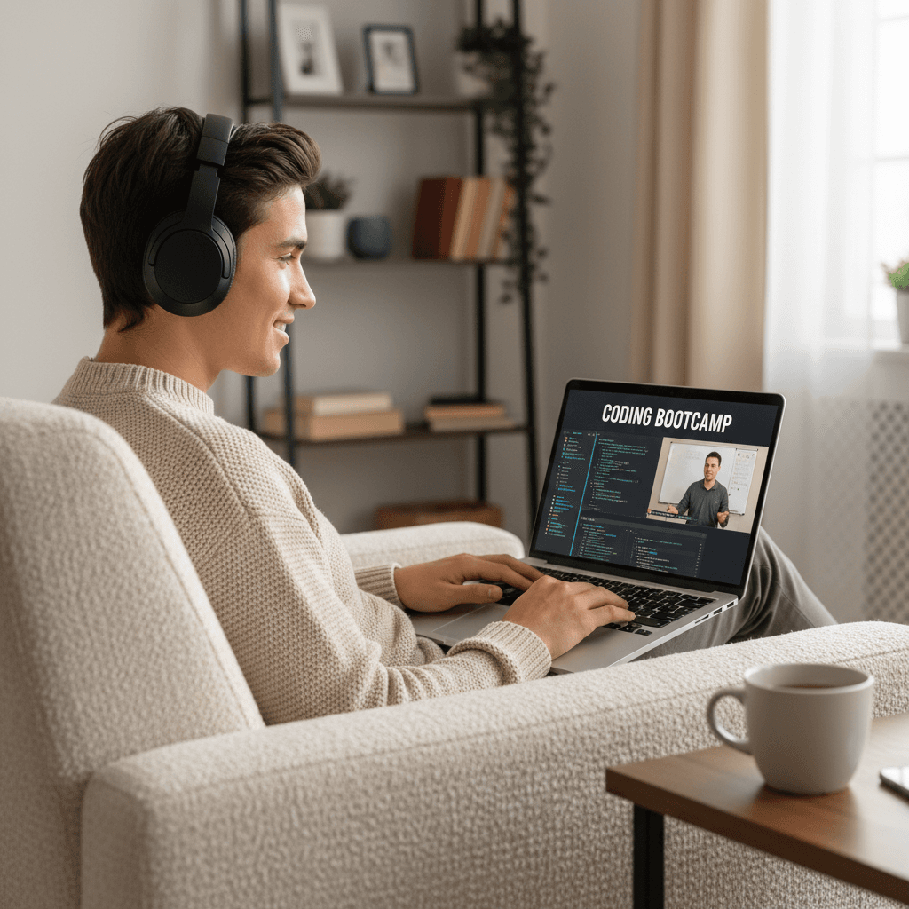 Person wearing headphones watching a video tutorial on a laptop in a home office