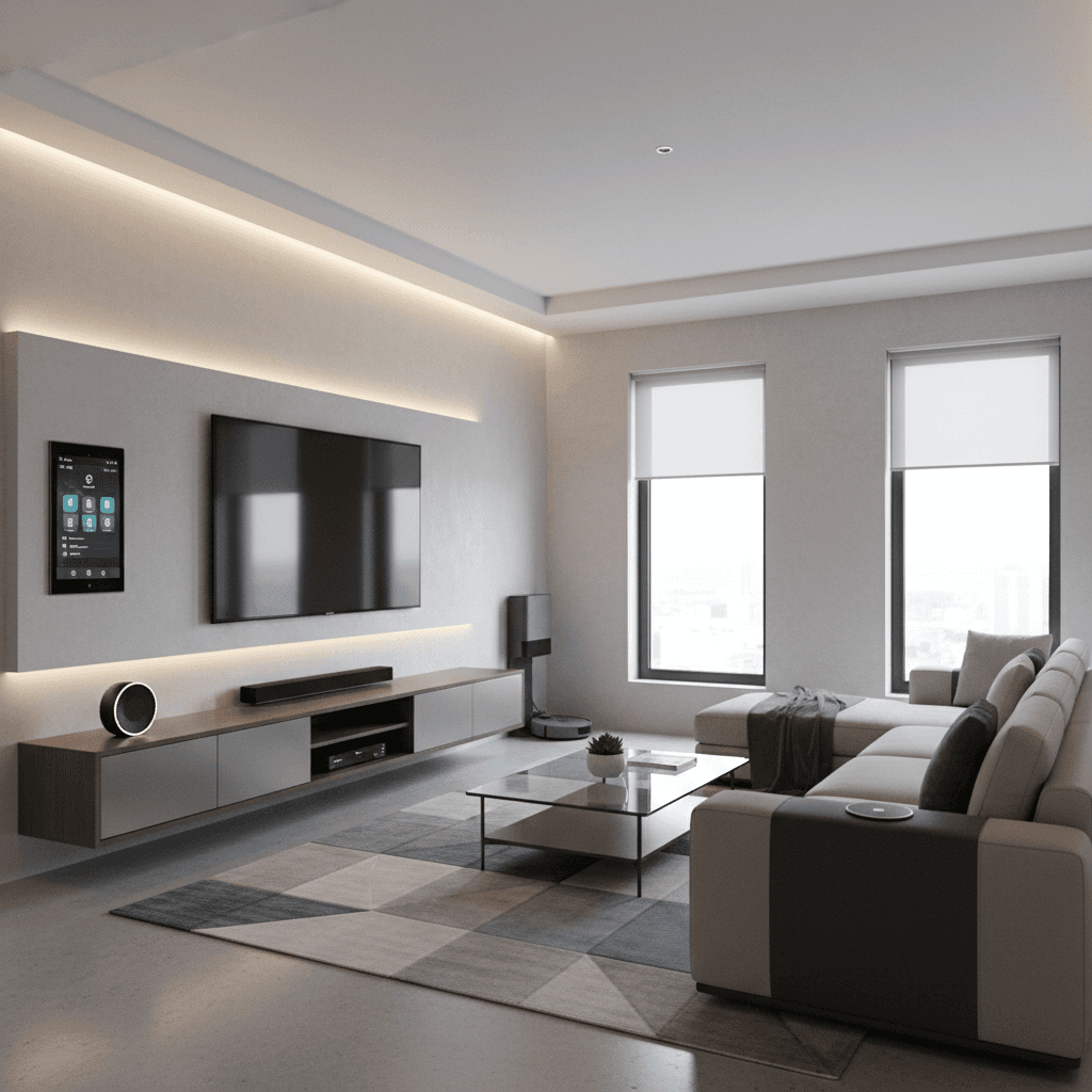 Living room with smart home devices and neatly hidden cables after setup