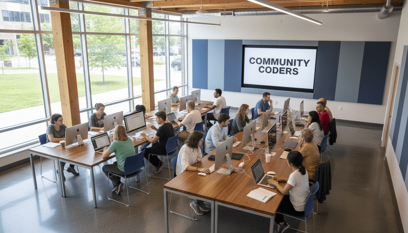 People of different ages working on laptops in a bright community space