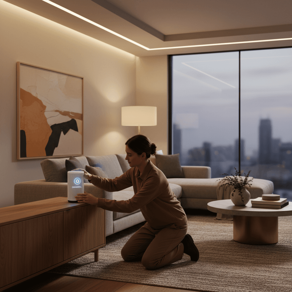 Hands plugging in a smart speaker on a shelf in a living room