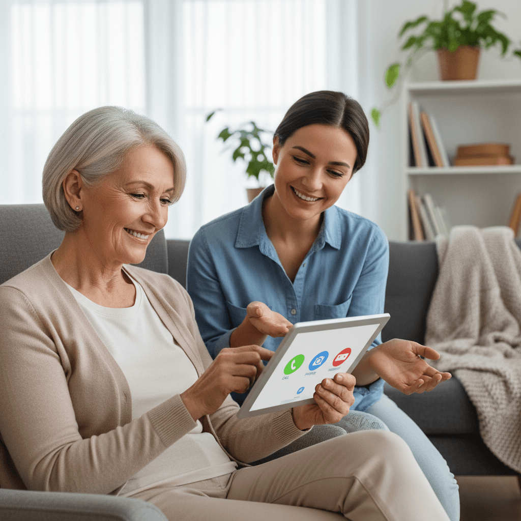 Older woman confidently using a tablet with a simple home screen after tech education