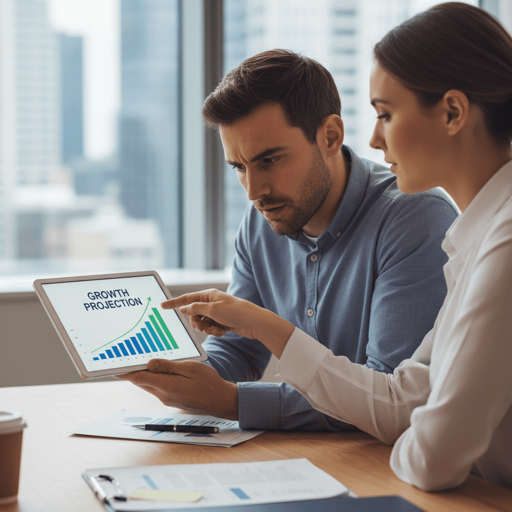 Customer and consultant looking at tablet together, pointing at information