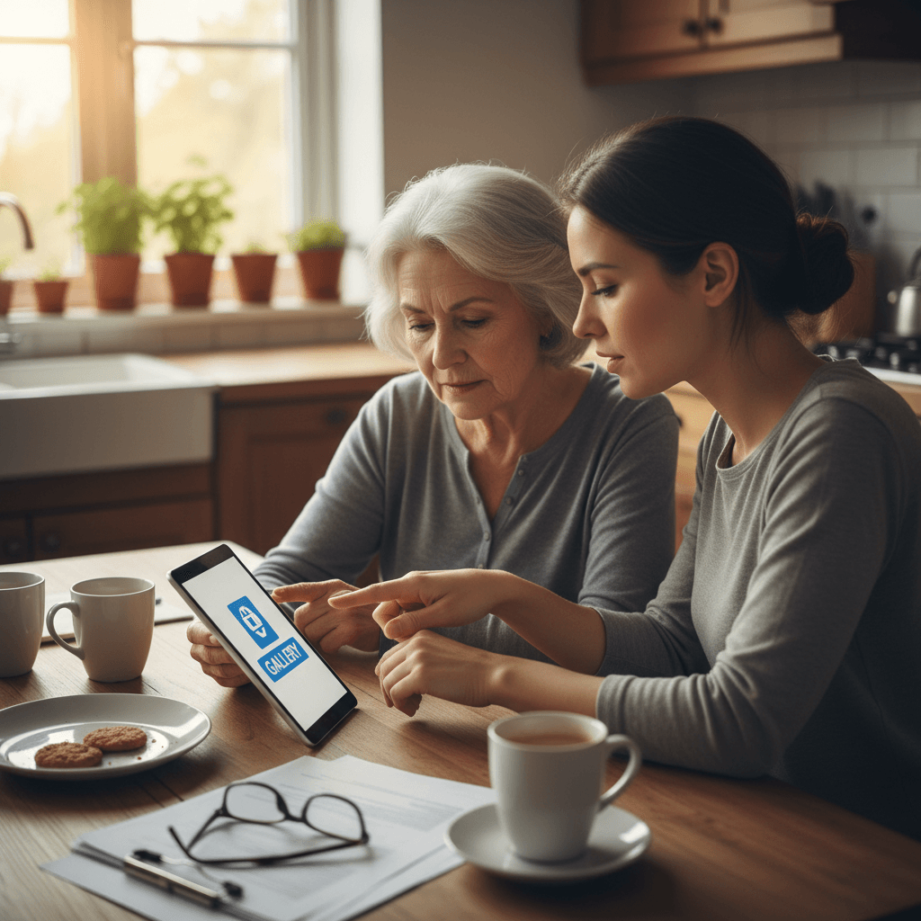 Older adult learning to use a tablet with a patient instructor at a kitchen table