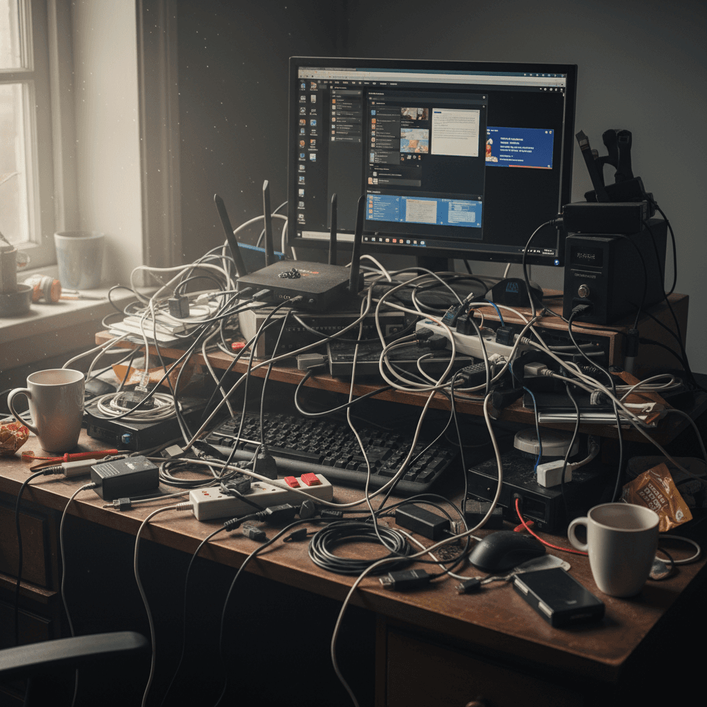 Cluttered desk with tangled cables around a computer and router before setup