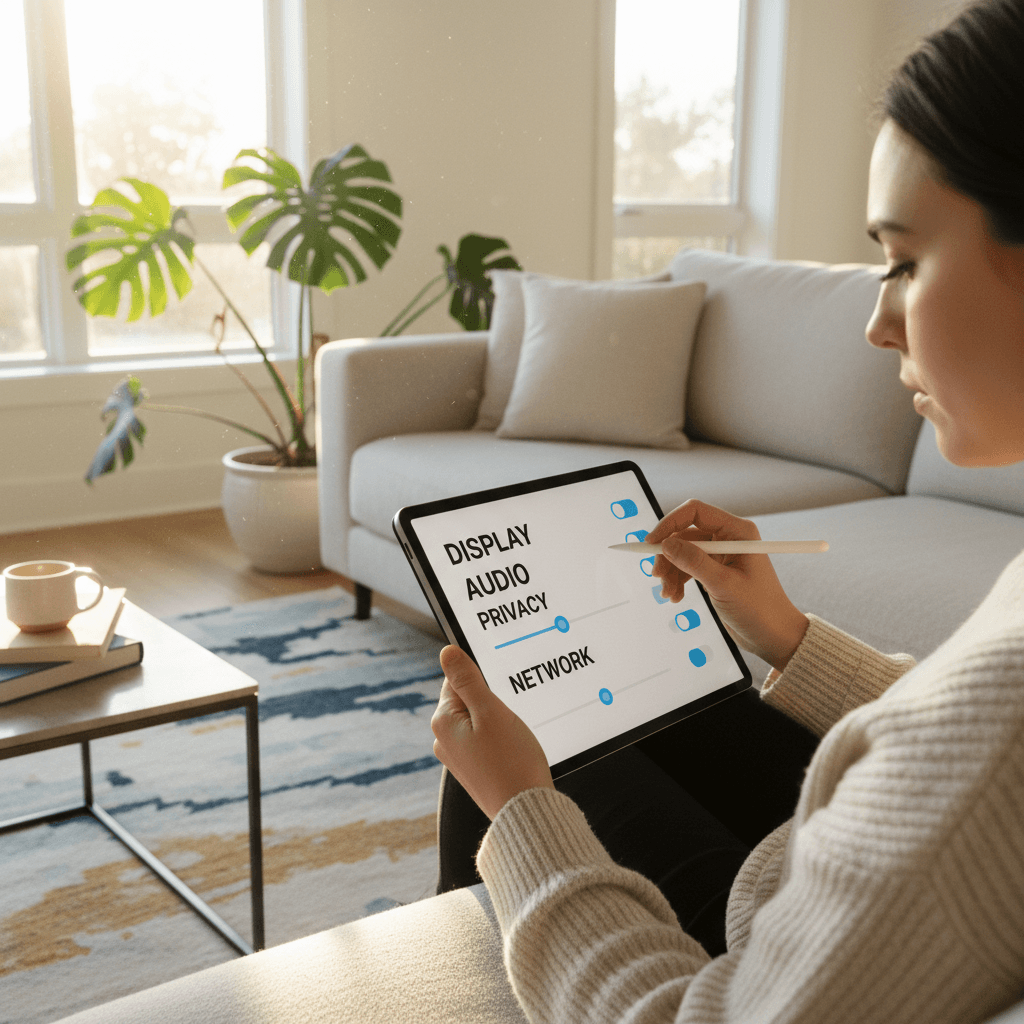 A person configuring settings on a tablet with a stylus in a bright living room.