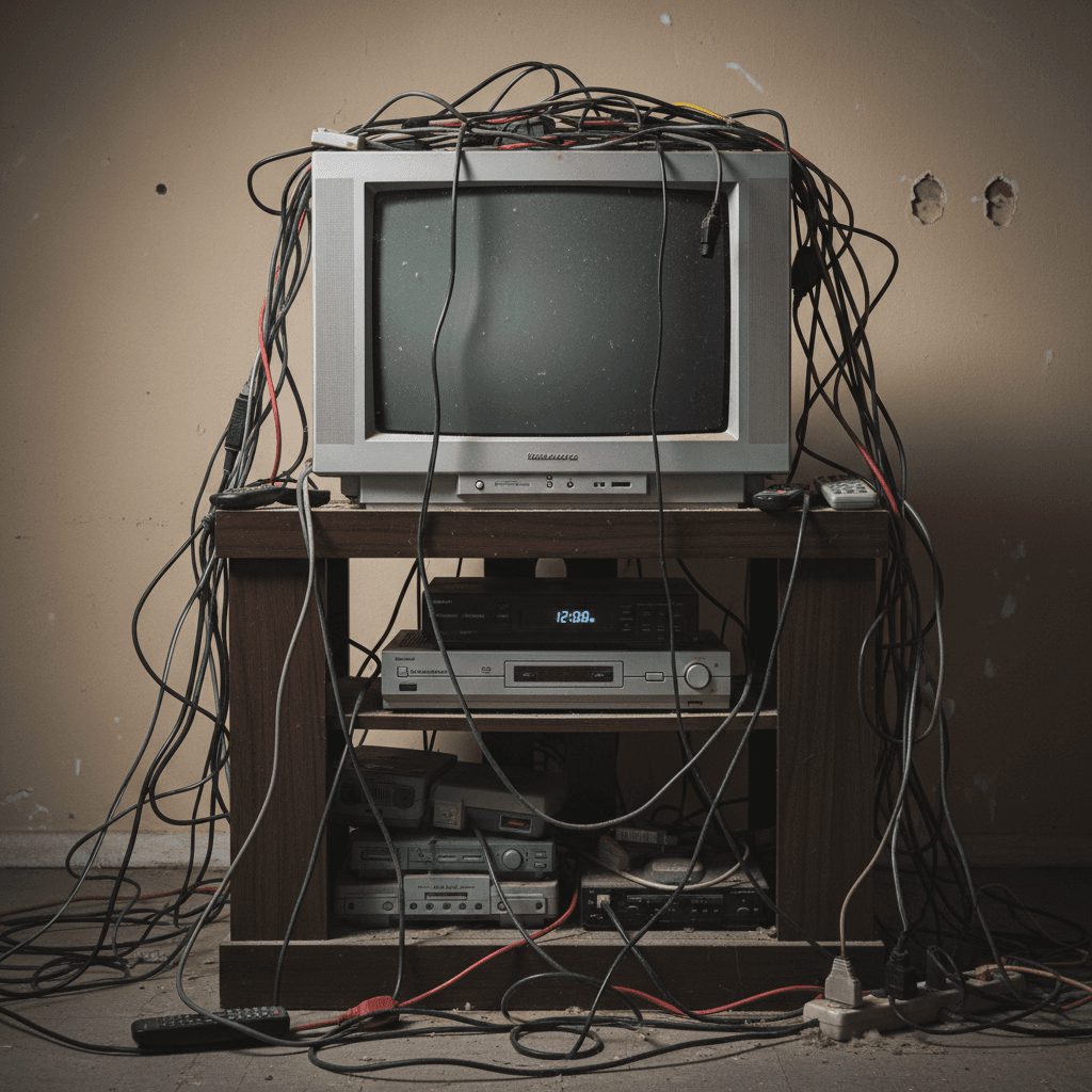 Entertainment center with tangled wires and outdated electronics before installation