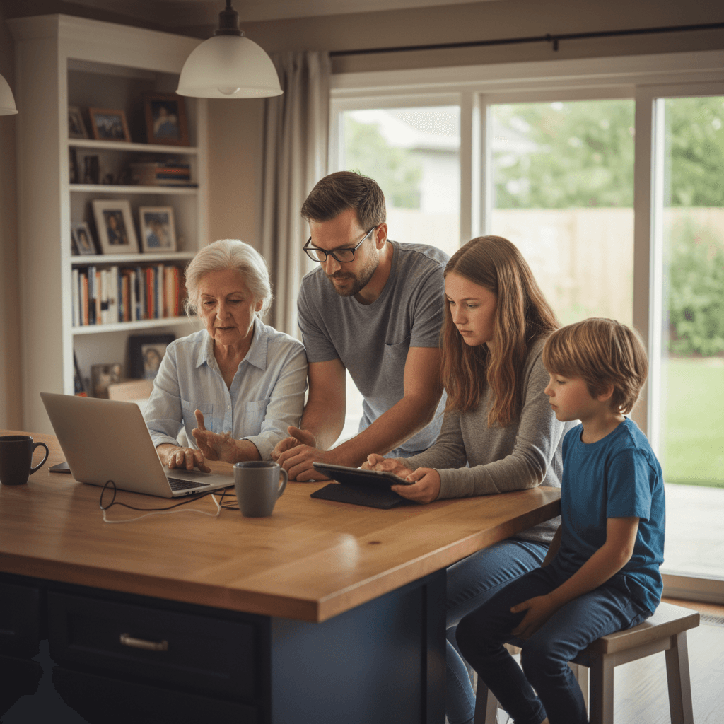 Family members gathered around a laptop receiving technology help at home