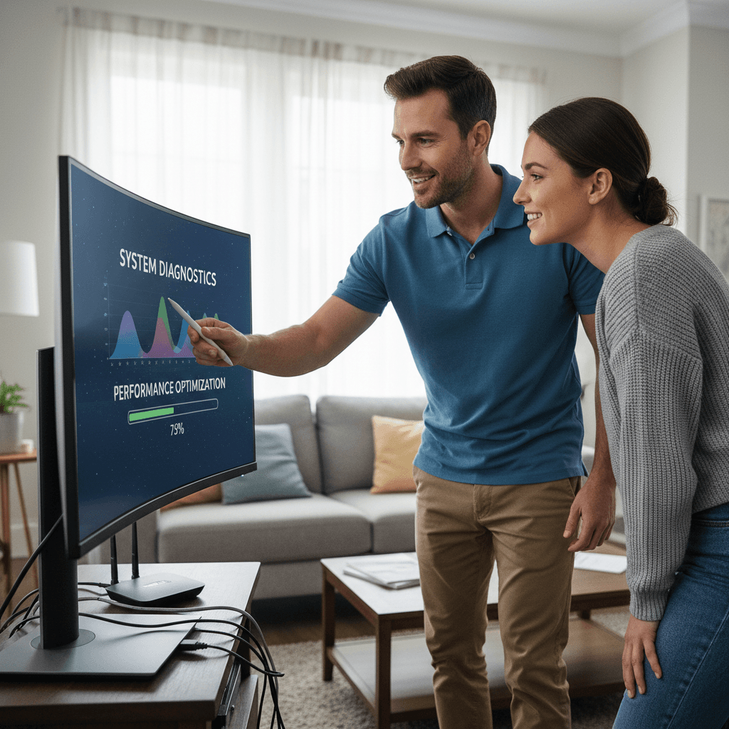 Technician explaining computer screen to customer in living room