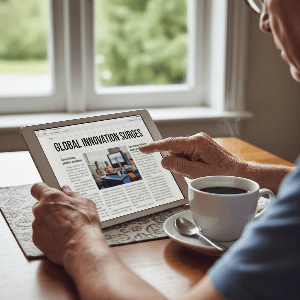 Close up of an older adult learning to use a tablet in a cozy home setting