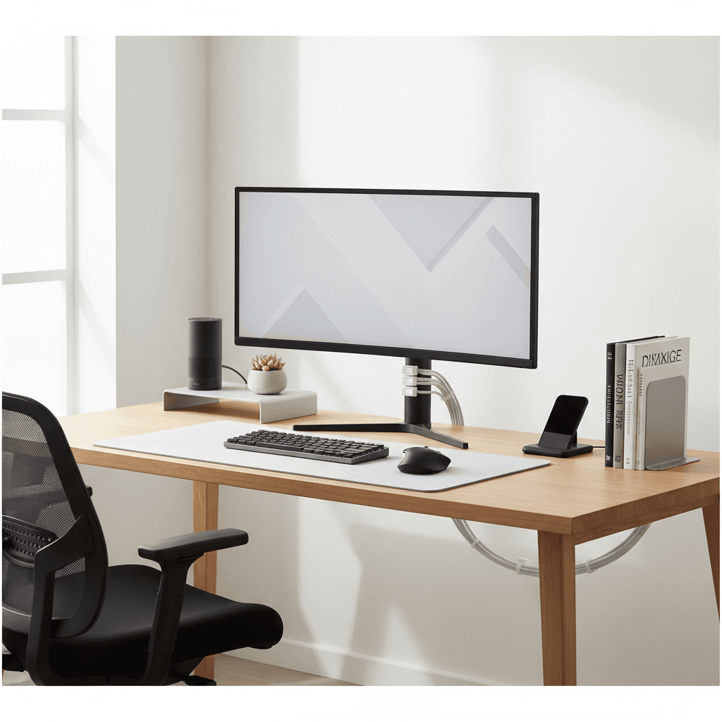 Clean desk with neatly managed cables and a modern computer setup after organization
