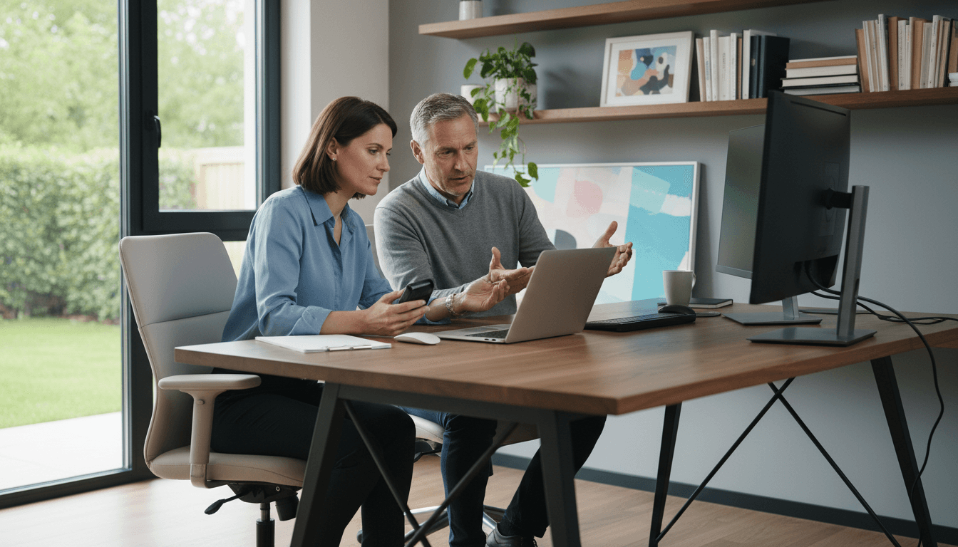 Tech support specialist assisting a client with a laptop in a bright, modern home office
