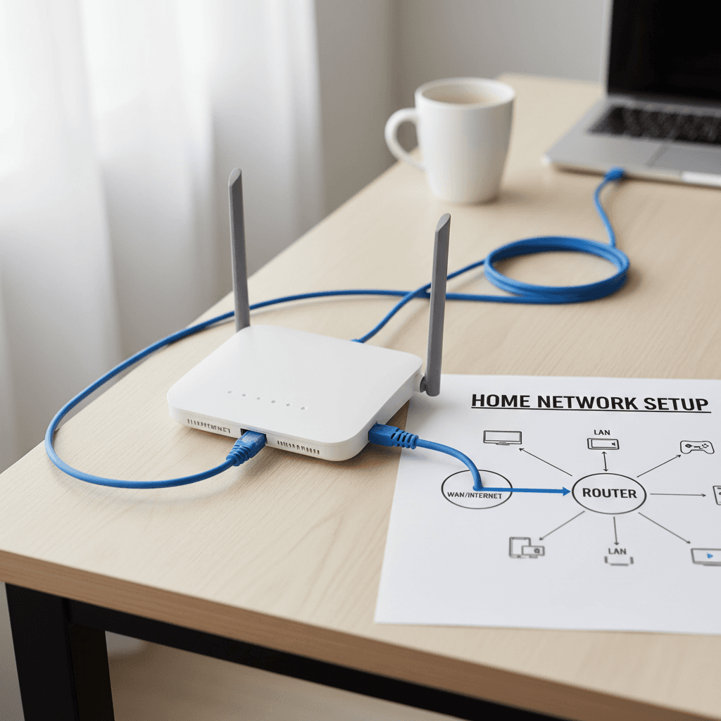 Wi-Fi router sitting on a desk with cables and a simple network diagram