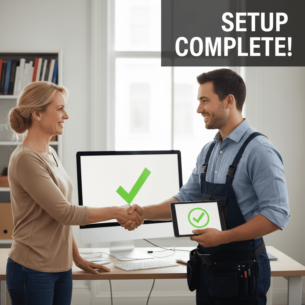 Happy customer shaking hands with technician after completed setup