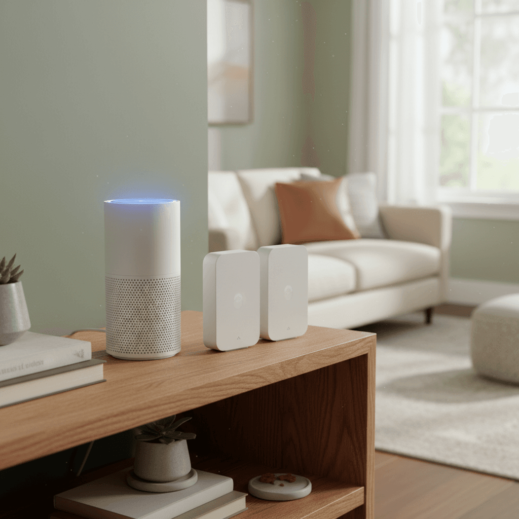 Mesh Wi-Fi router system in a living room