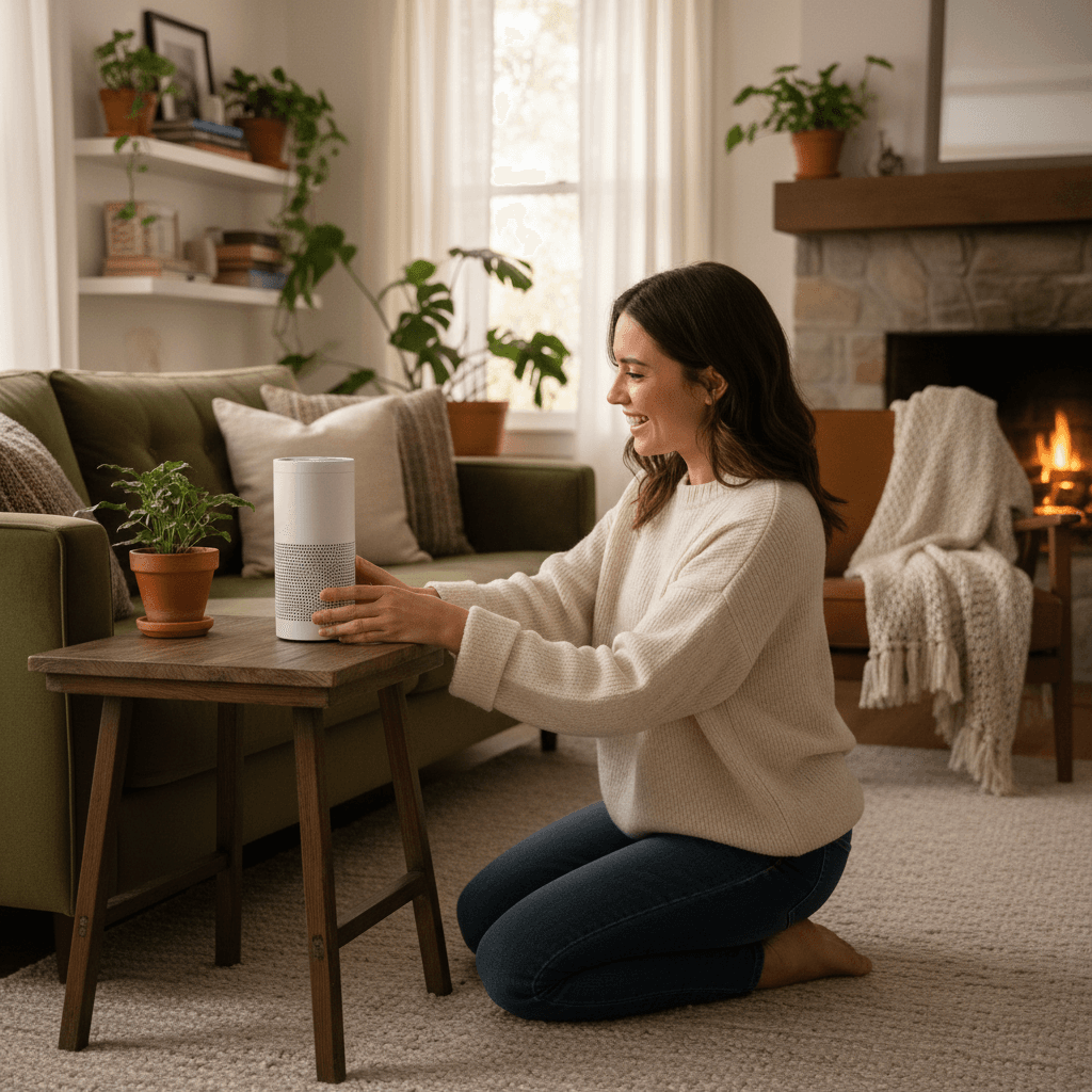 Person installing a smart speaker in a cozy living room