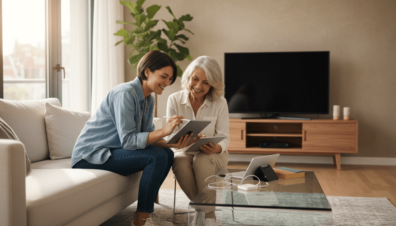 A technology specialist helping a customer set up a new tablet in a bright living room