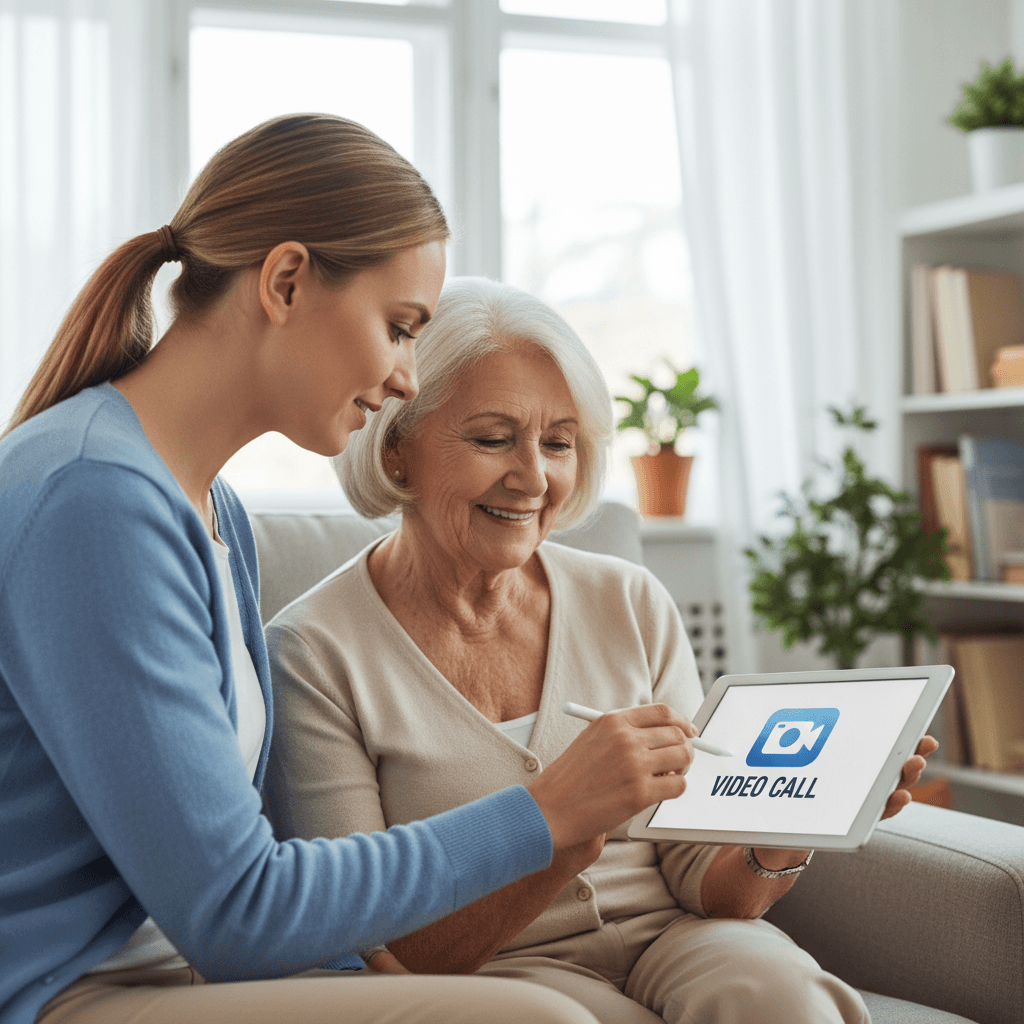 Elderly person learning to use a tablet with a patient instructor