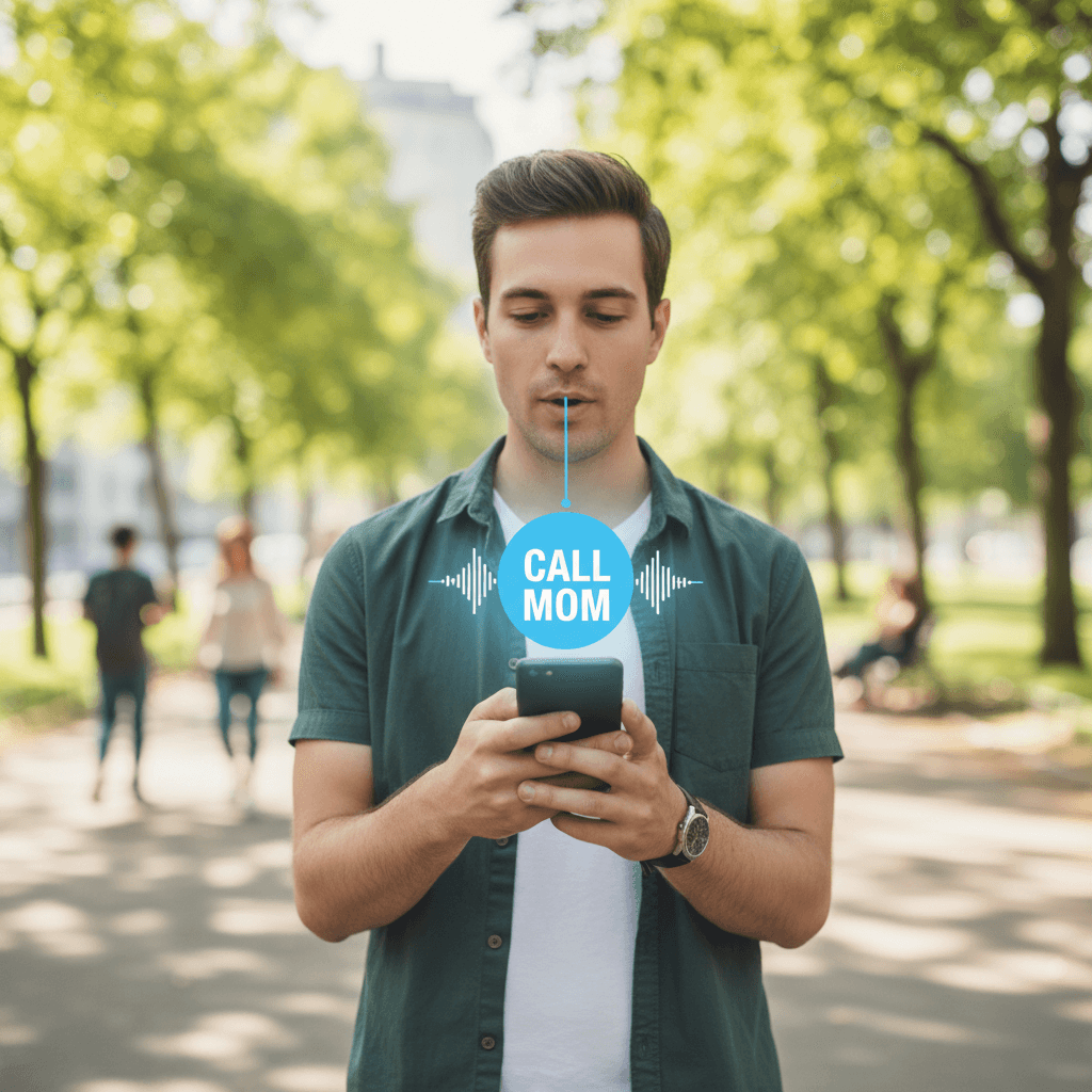 Person holding a smartphone and speaking into the microphone, speech recognition interface visible