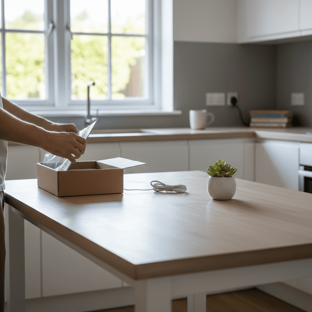 A person unboxing a new laptop at a kitchen table with a clean workspace and natural light.