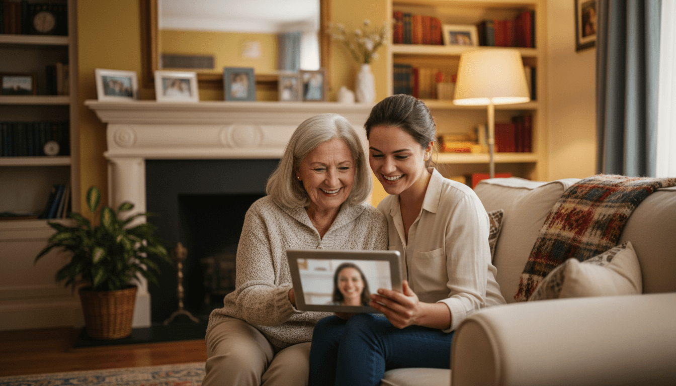 Older adult and younger assistant smiling over a tablet in a cozy living room