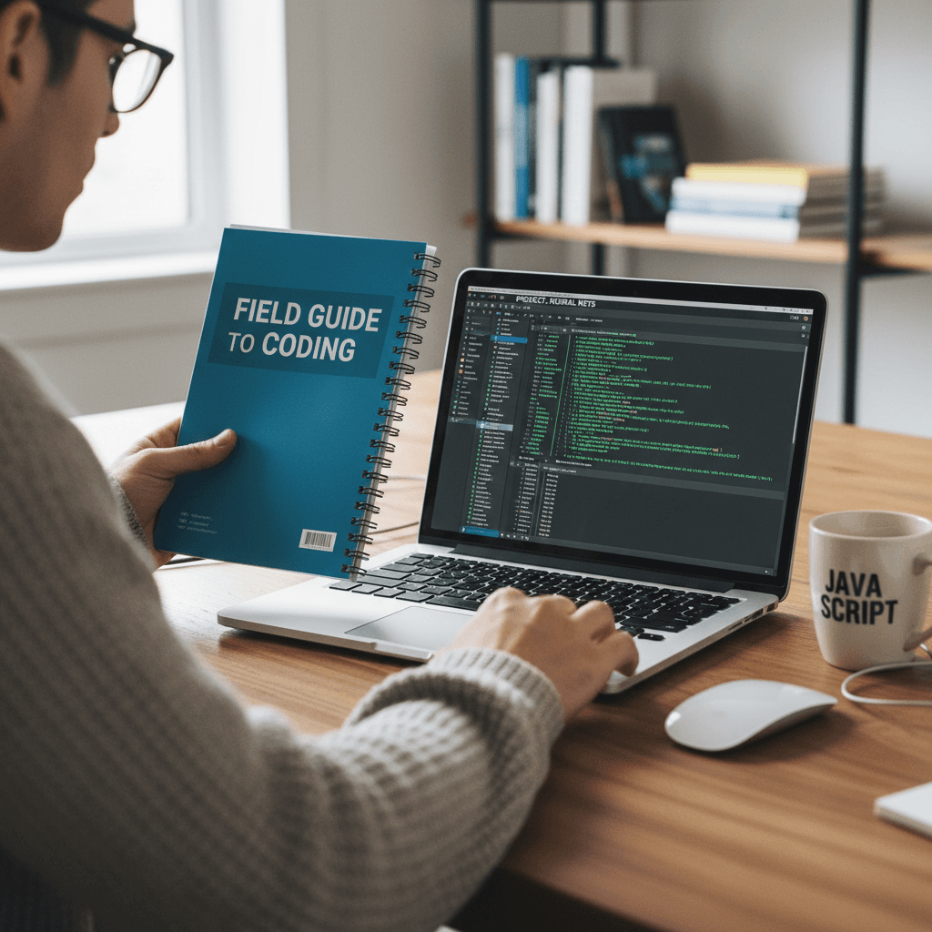 Person looking at a printed tech guide next to a laptop on a desk
