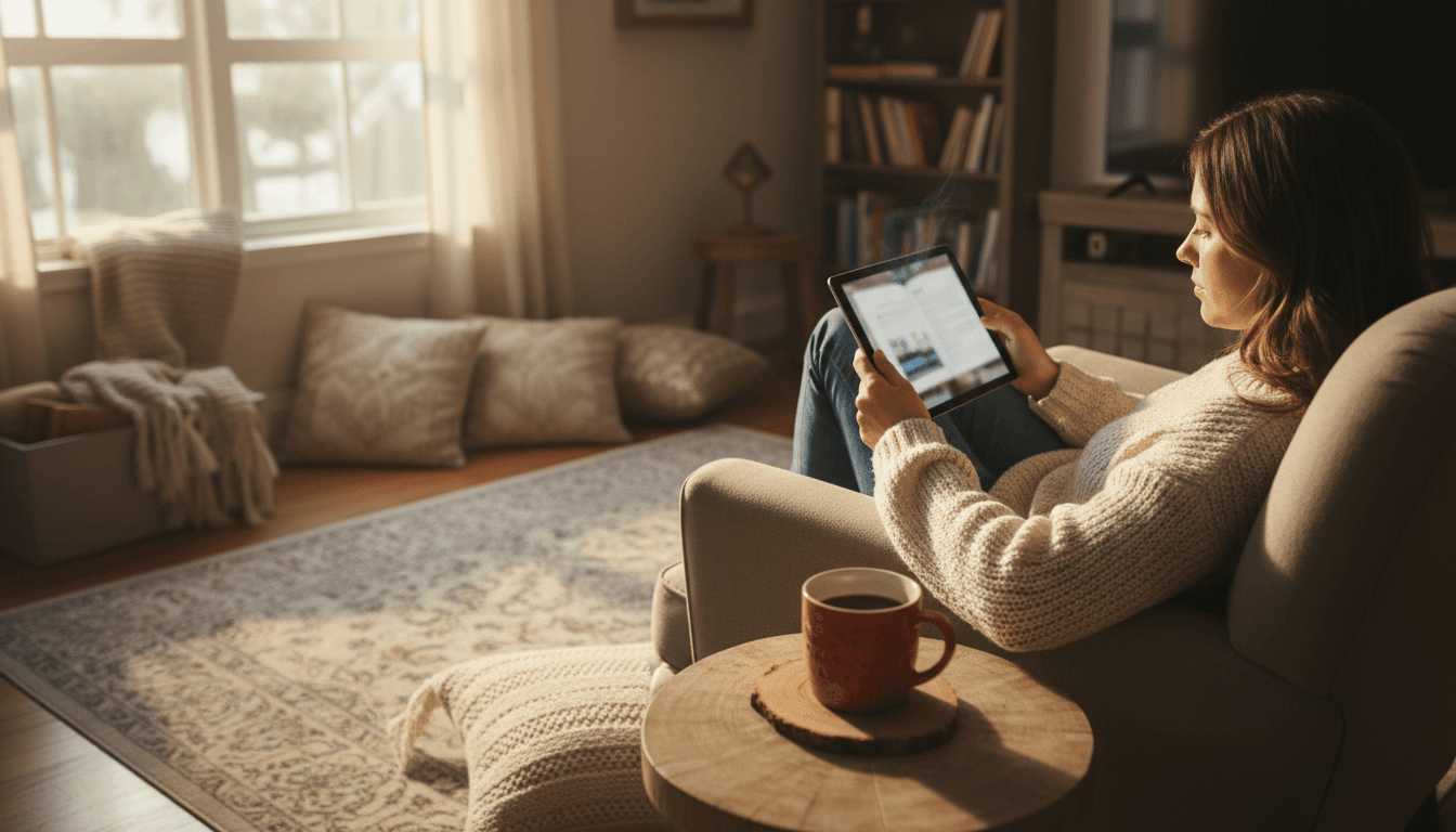 Person using a tablet in a bright, comfortable living room with a cup of coffee nearby