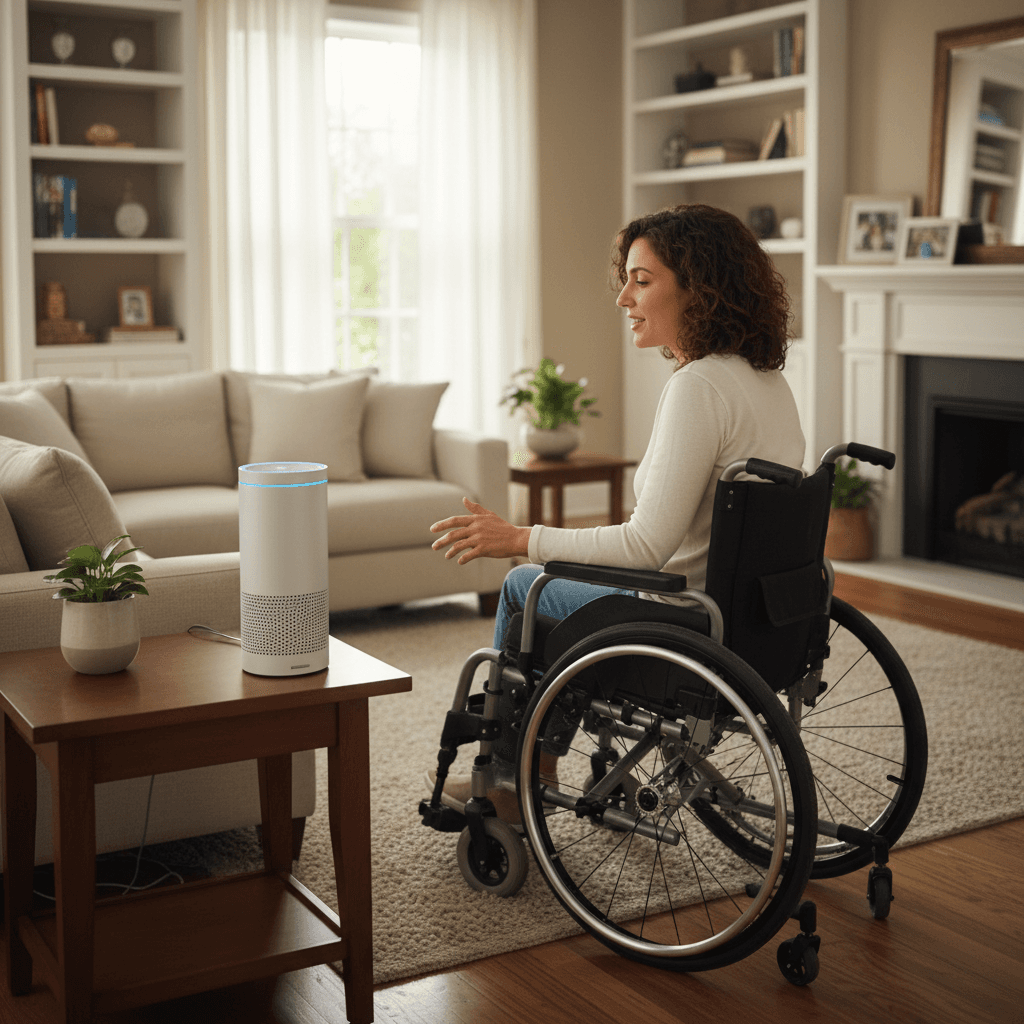 Person in a wheelchair using a voice assistant smart speaker in a living room