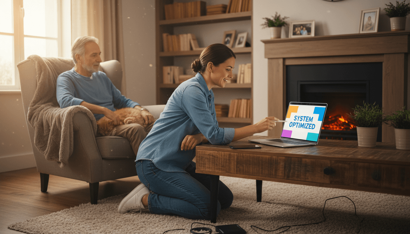 professional helping person at kitchen table with laptop