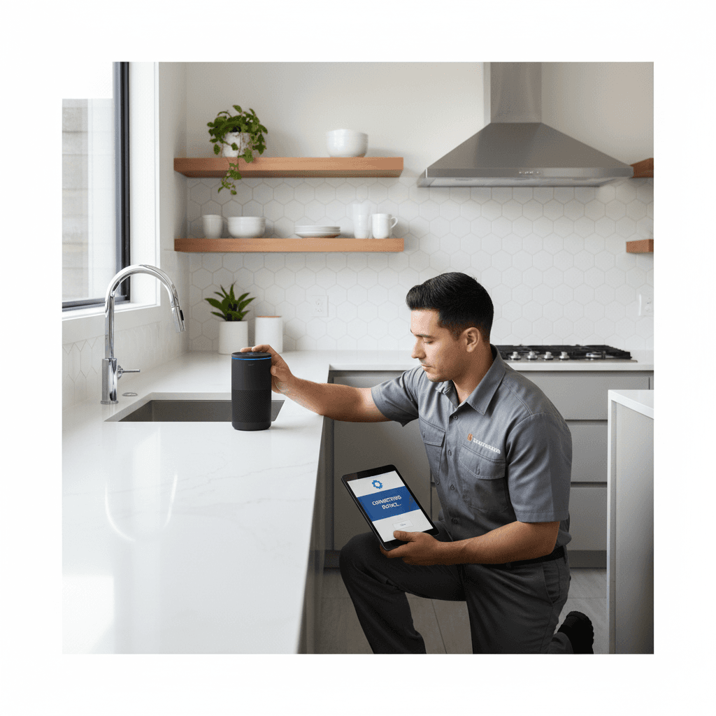 Technician setting up a smart speaker in a modern kitchen