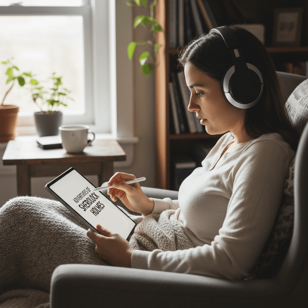 Close up of a tablet showing an e-book with highlighted text, headphones nearby