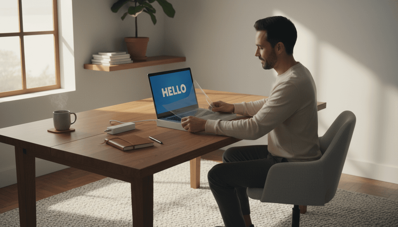 Person setting up a laptop on a desk in a bright, welcoming home office