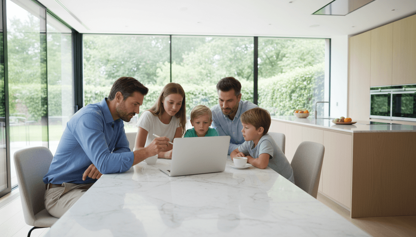 Technology consultant helping a family with their laptop in a cozy Knoxville home setting