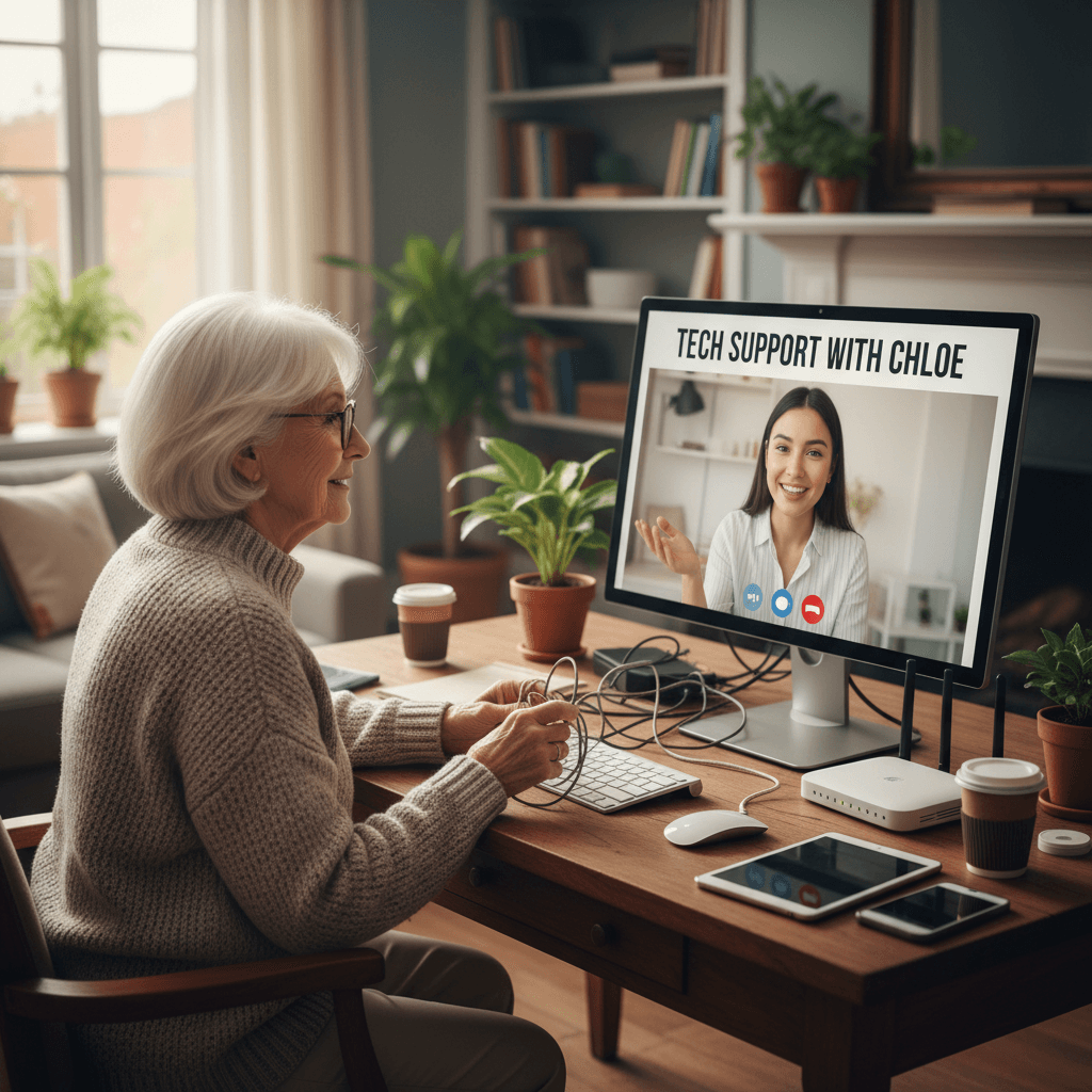 Older adult sitting at home desk with family member talking on video call about technology setup