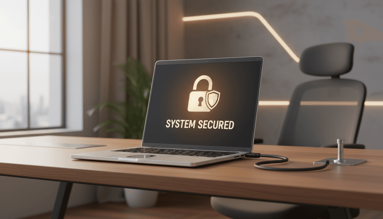modern technology workspace with laptop and security lock icon in warm lighting professional setting