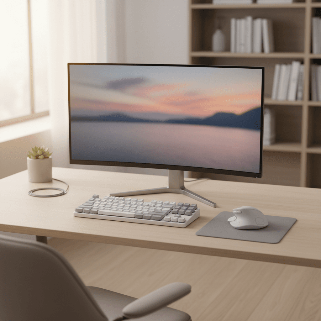 Home office desk with a computer monitor and accessible keyboard and mouse