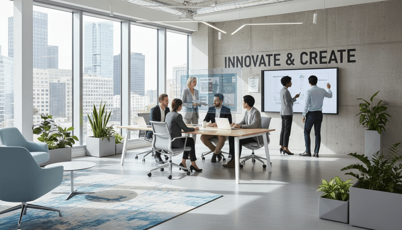 Diverse team working together at desks with laptops in a bright modern office