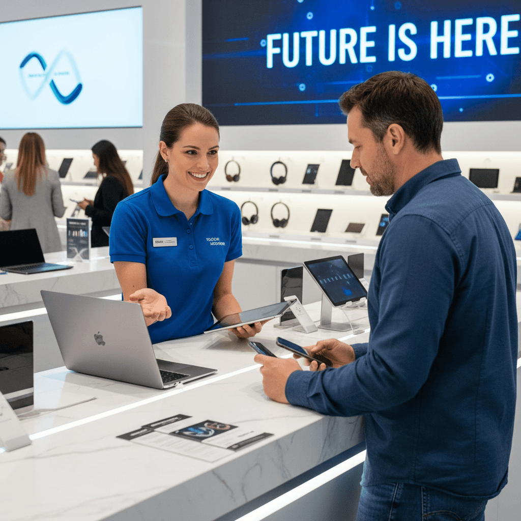 Sales associate helping a customer at an electronics store counter