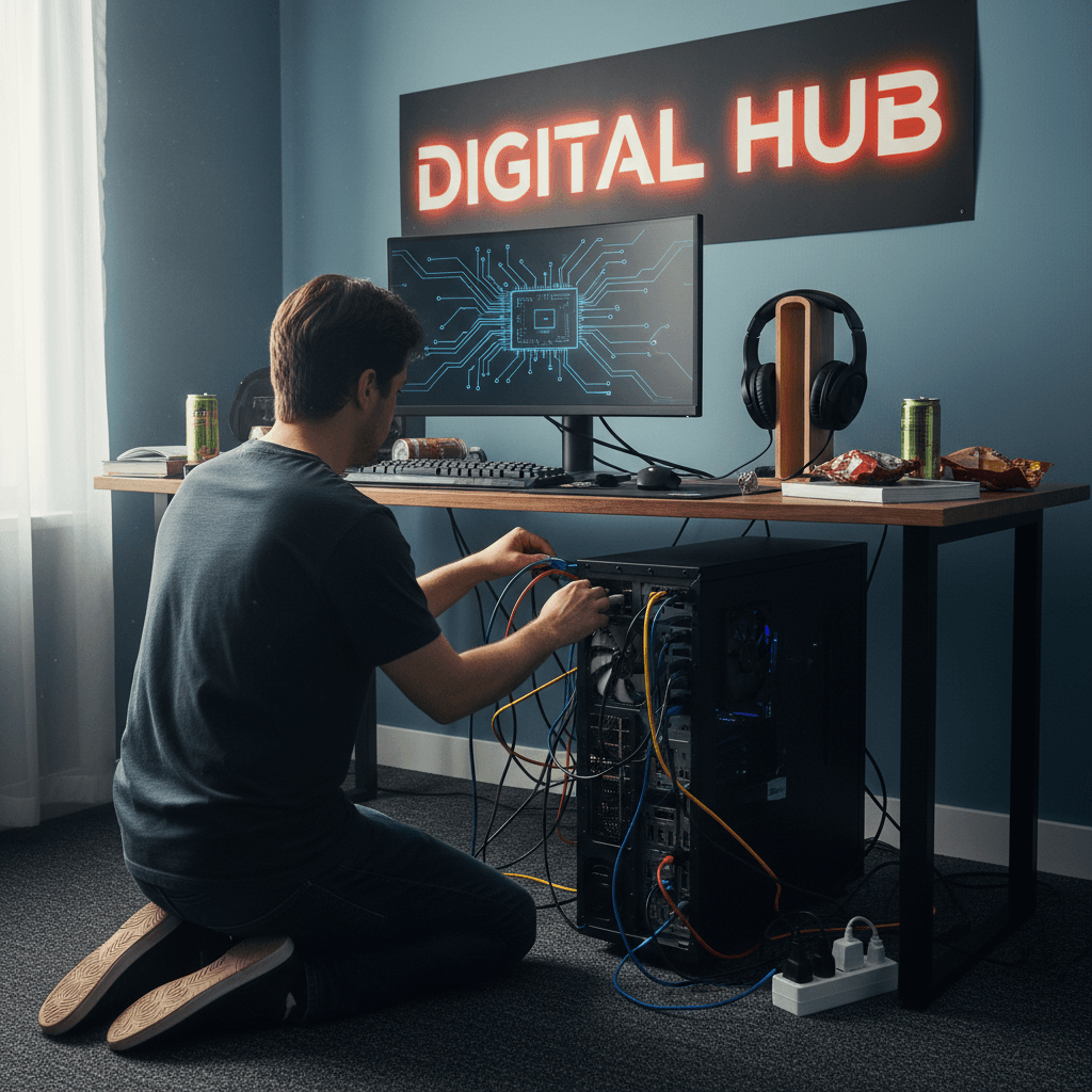 A person connecting cables to a desktop computer tower behind a desk.