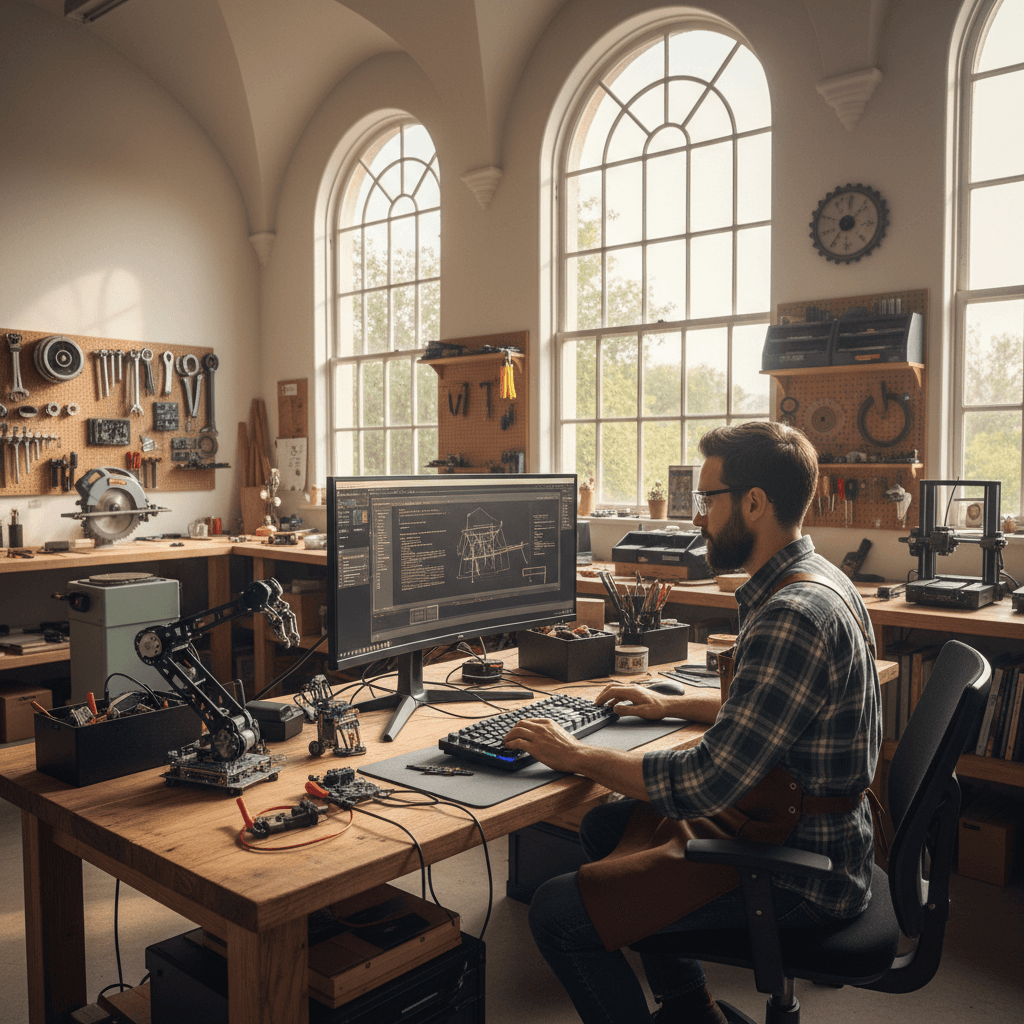 Person repairing a desktop computer in a workshop
