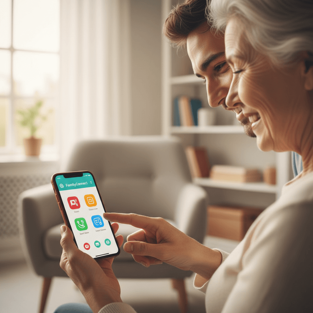 An older woman smiling while using a smartphone guided by a younger person.