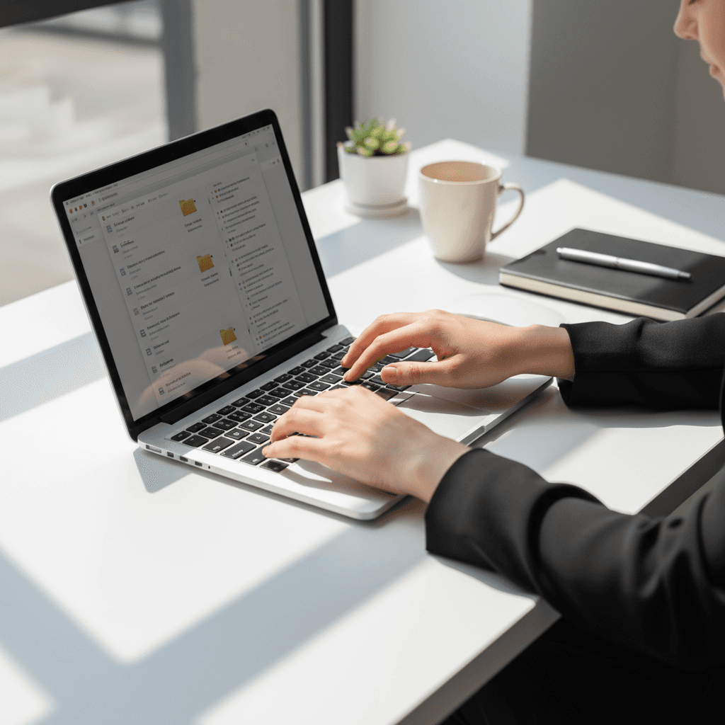 Person organizing digital files on a laptop at a clean wooden desk