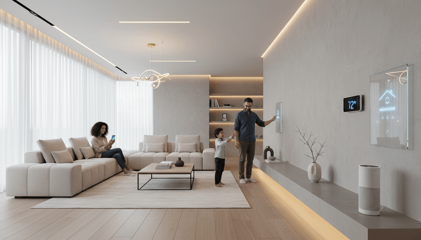 Person setting up a smart home device on a coffee table in a modern living room