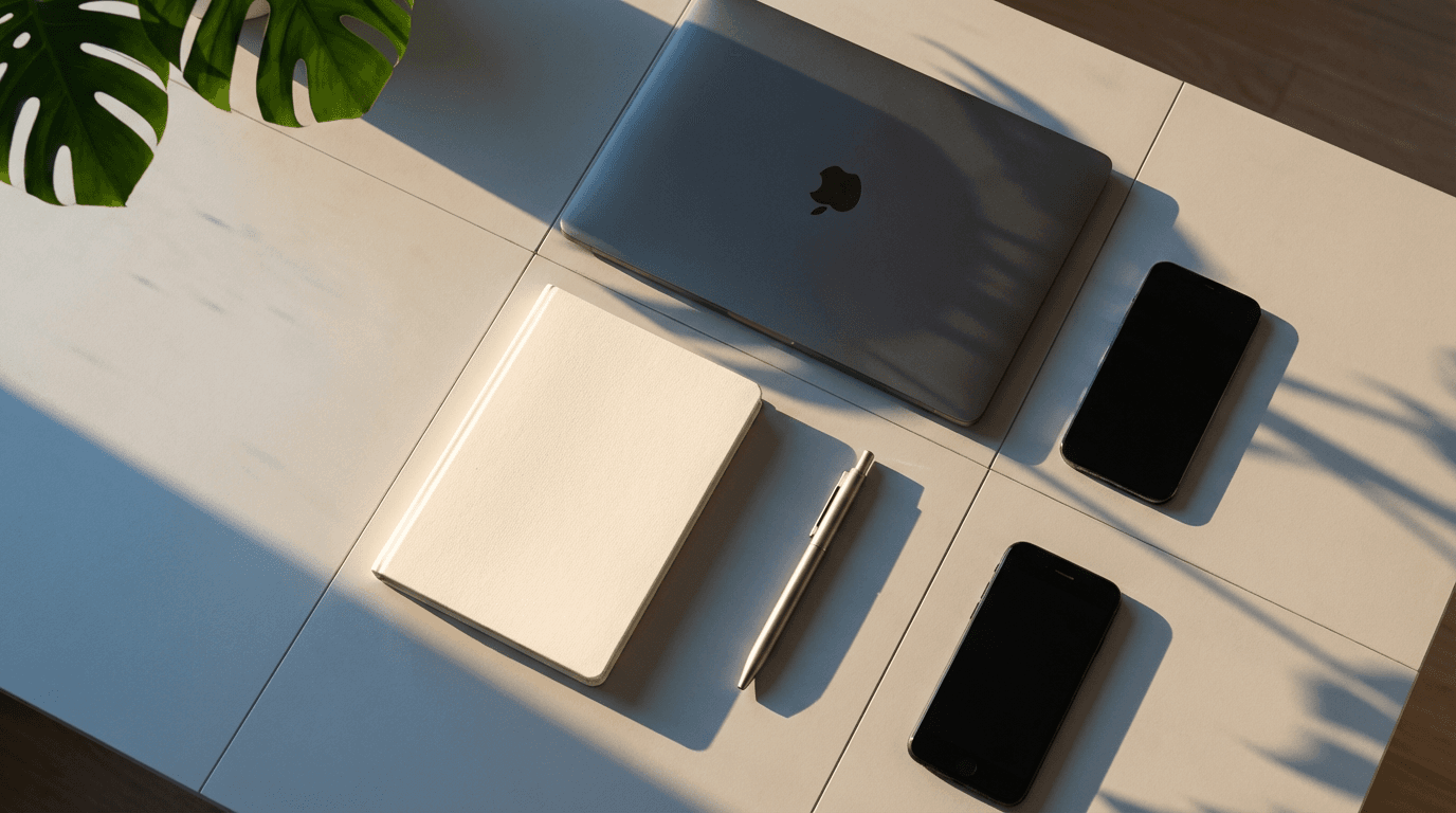 Laptop and smartphone on a clean minimalist desk with natural light