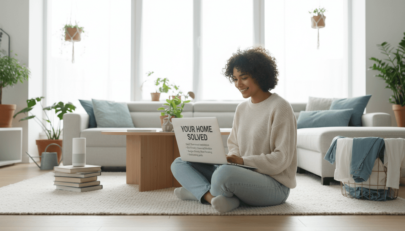 Person using a laptop in a cozy living room with warm natural lighting