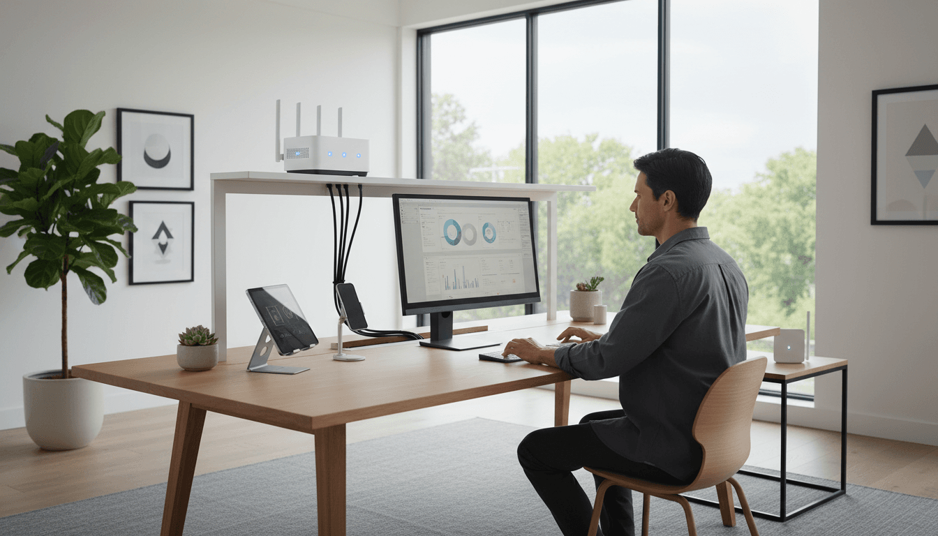 Person setting up a router in a bright home office with a desk and monitor