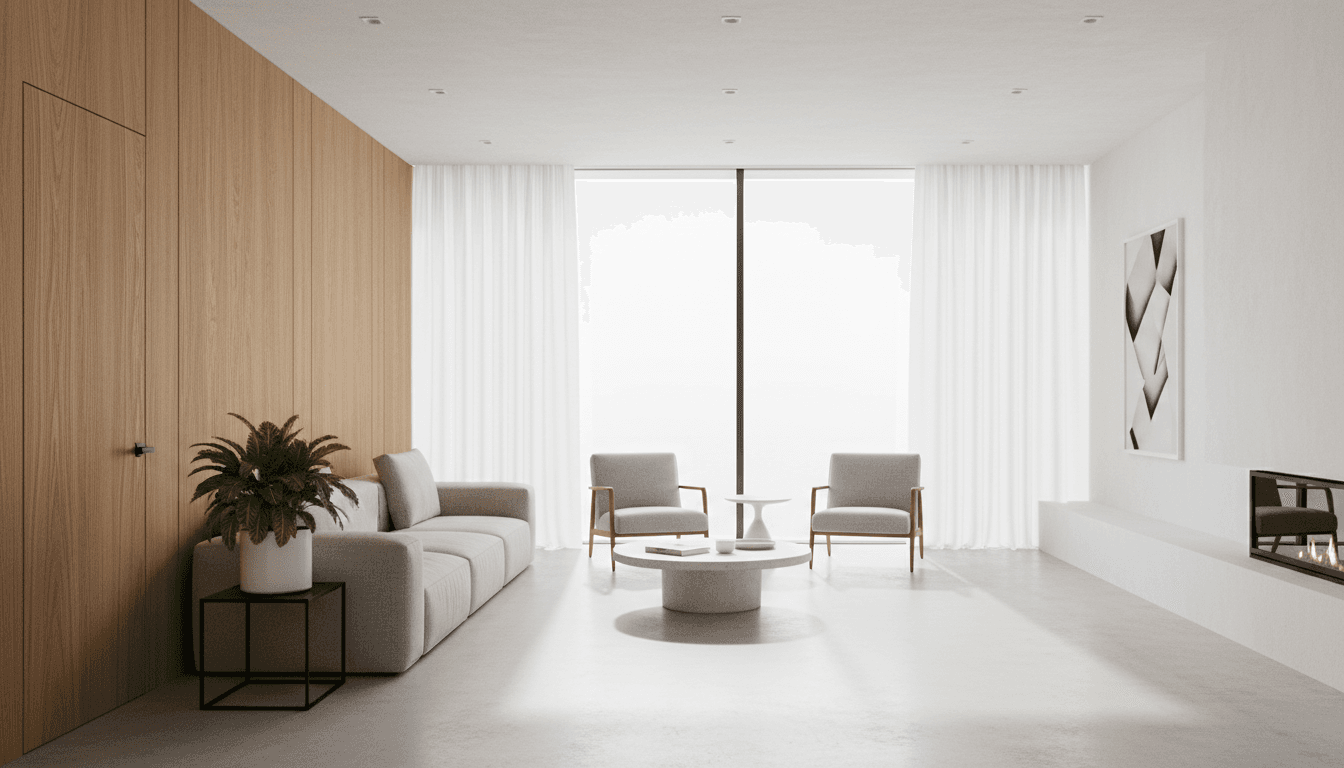 Smart speaker on a wooden shelf in a clean modern living room with warm lighting